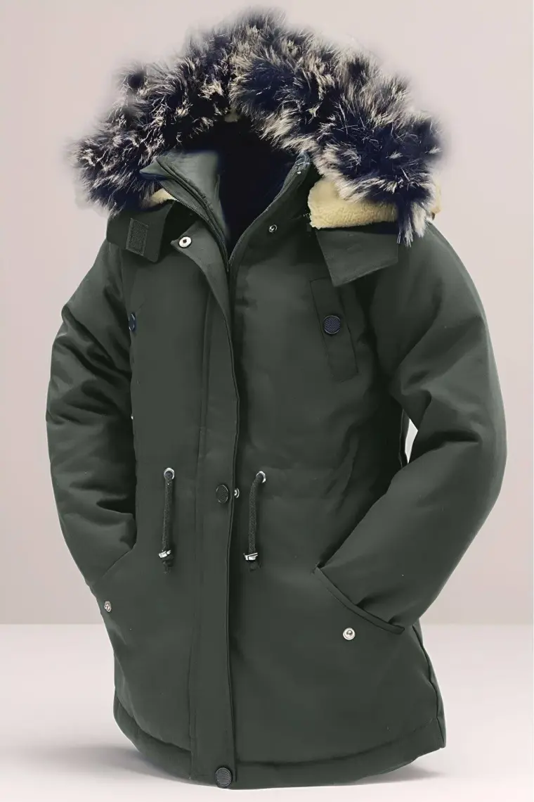 Asortik Unisex Mont Kaban Kışlık Kanvas Kumaş Büzmeli Diz Üstü İçi Kürk Kapüşonlu Kaban Mont-MNT-0005