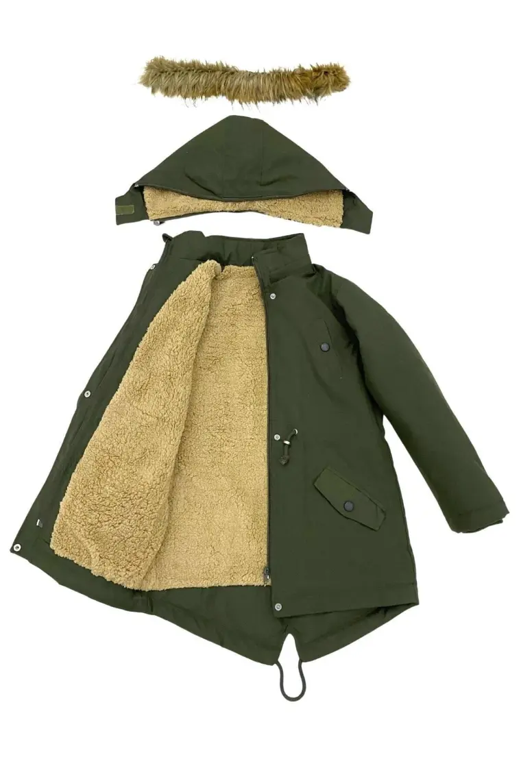 Asortik Unisex Mont Kaban Kışlık Kanvas Kumaş Büzmeli Diz Üstü İçi Kürk Kapüşonlu Kaban Mont-MNT-0005