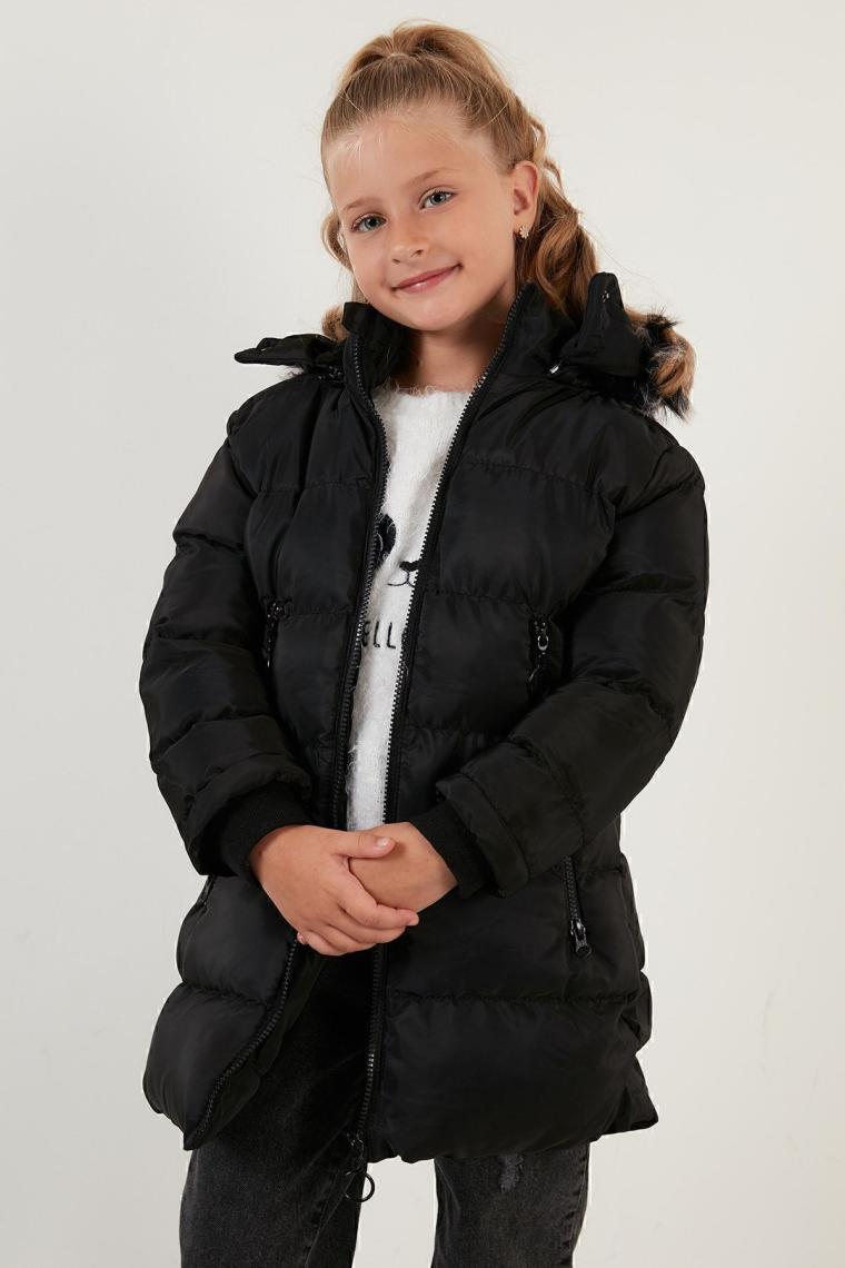 Lela Tüylü Kapüşonlu Cepli Şişme Mont Kız Çocuk Mont 5766038