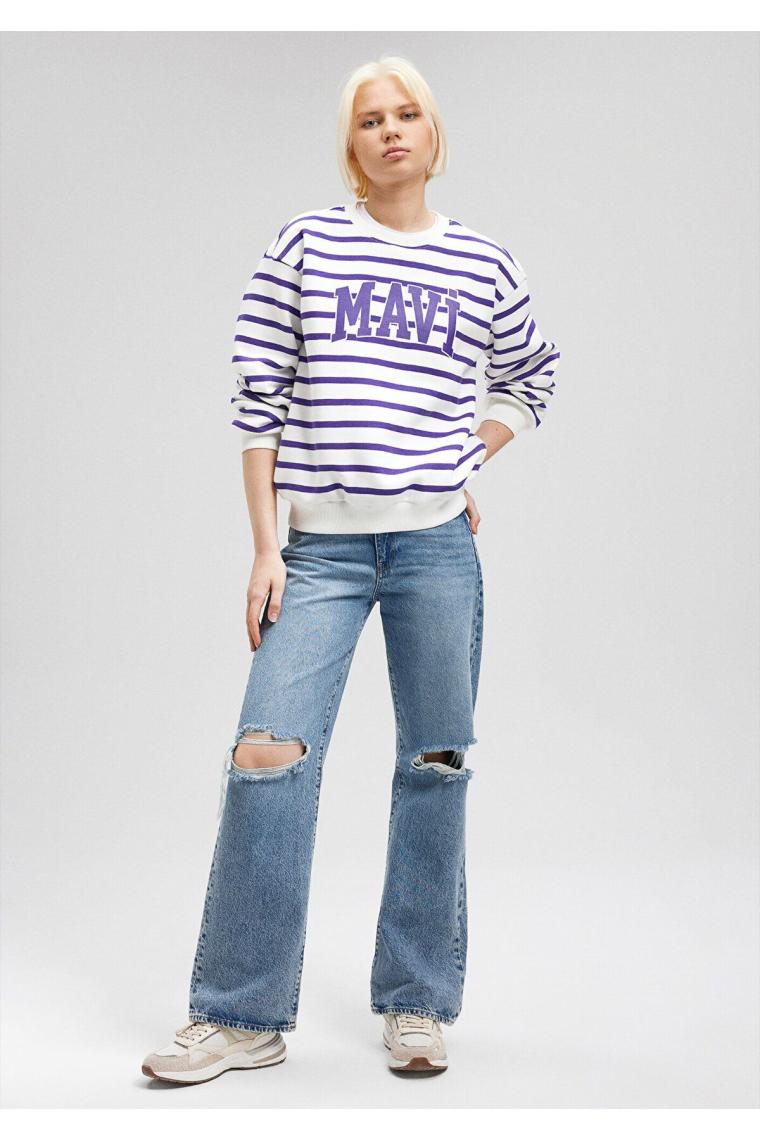 Logo Baskılı Mor Çizgili Sweatshirt 1s10099-86806