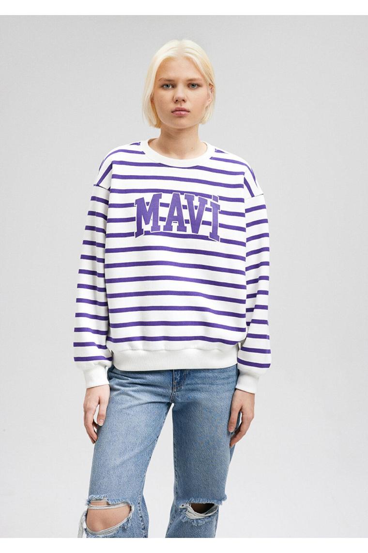 Logo Baskılı Mor Çizgili Sweatshirt 1s10099-86806