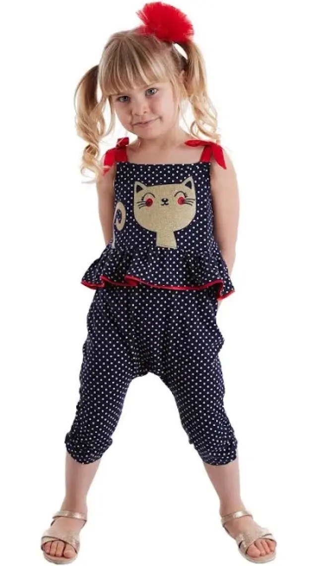 Denokids Kedi Puanlı Kız Çocuk Tulum