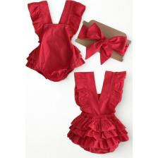 Parla Kids Kız Bebek Kırmızı Pamuklu Salopet Bandana Takım