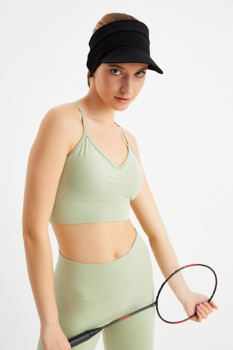 Butikgiz Kadın Siyah Uv Korumalı Katlanabilir Üstü Açık Yumuşak Siperli %100 Pamuklu Penye Tenis Vizör Şapka