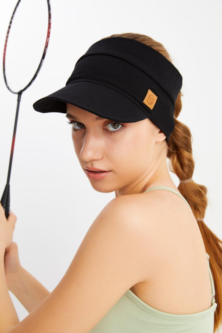 Butikgiz Kadın Siyah Uv Korumalı Katlanabilir Üstü Açık Yumuşak Siperli %100 Pamuklu Penye Tenis Vizör Şapka