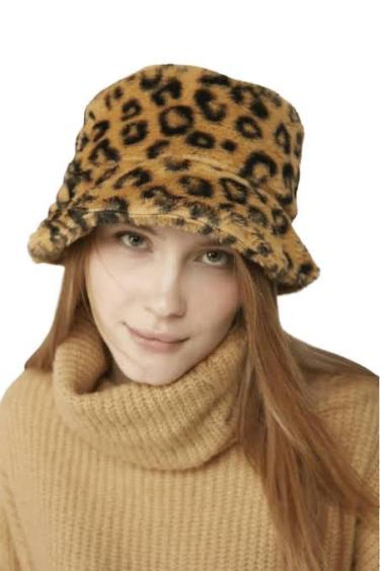 Saria Moda Leopar Desen Peluş Bucket Şapka