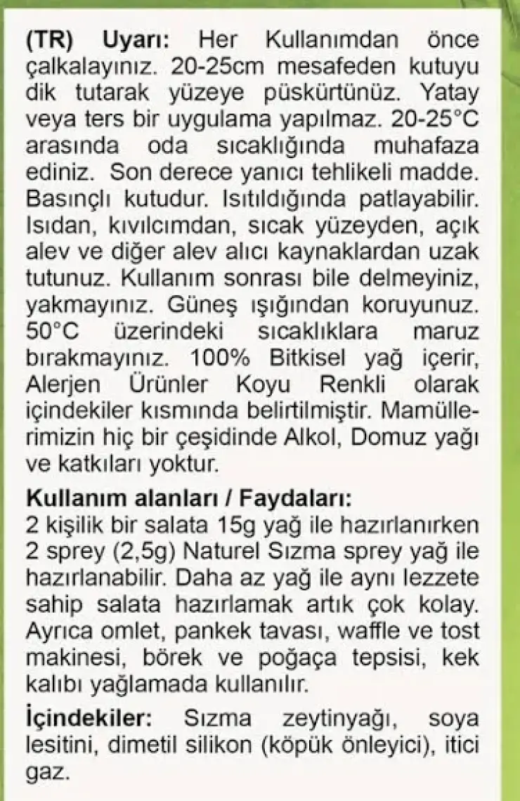 Naturel Sızma Sprey Zeytinyağı 250 ml - Pratik