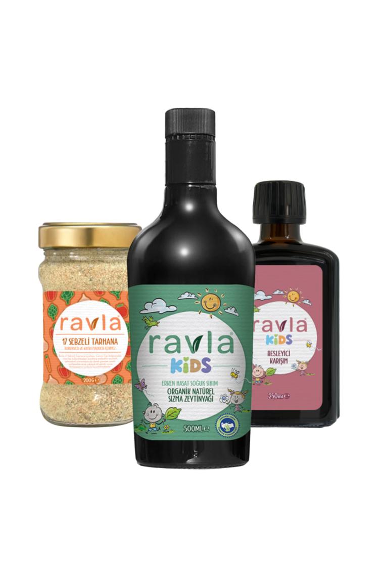 Ravla 3'lü Ürün - Kids Yüksek Polifenollü Organik Naturel Sızma Zeytinyağı 500ml / 17 Sebzeli Tarhana 200g / Kids Besleyici Karışım 250ml