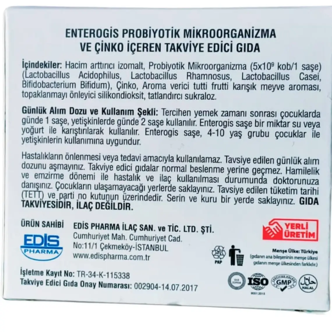 Edis Pharma Enterogıs Probıyotık Mıkroorganızma Cınko Icerıklı 10 Sase
