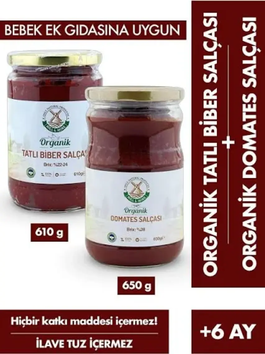 Mill & More Organik Tuzsuz Domates Salçası 650 gr + Organik Tuzsuz Tatlı Biber Salçası 610 gr Seti