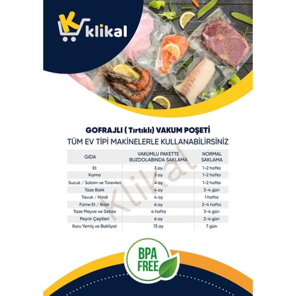 Klikal 15X20 cm 100 Adet Gofrajlı Tırtıklı Vakum Poşeti -Torbası