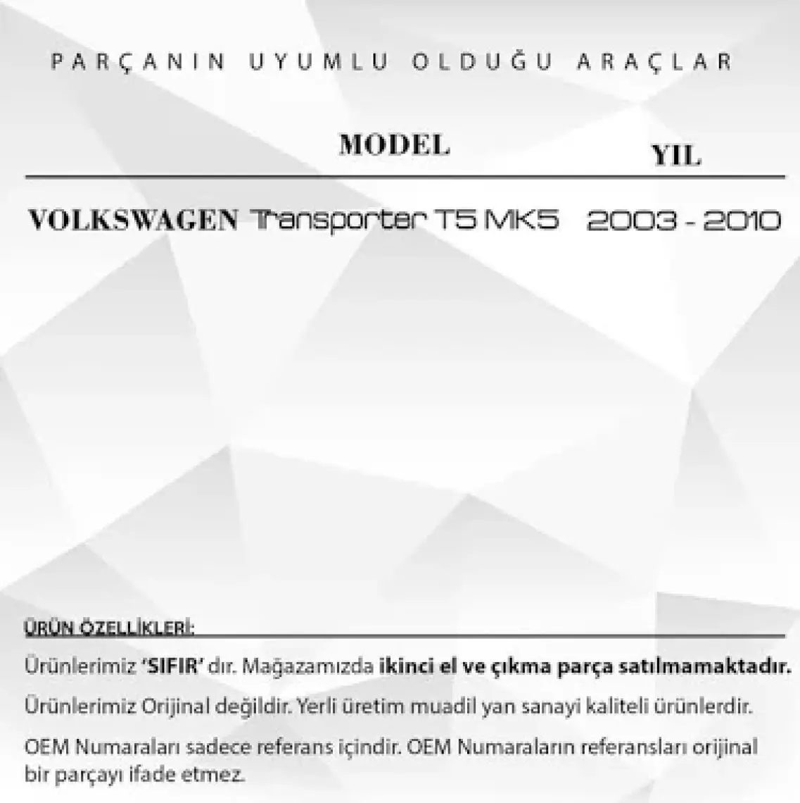 Alpha Auto Part Volkswagen Transporter T5 Için Arka Tampon Reflektörü Seti  (Sol - Sağ)