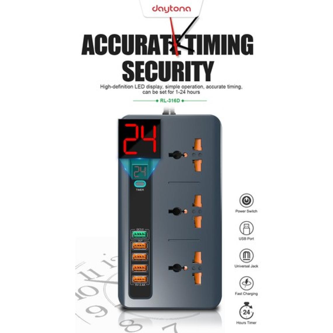 Daytona RL-316D Termal Akım ve Isınma Korumalı 5 USB 5V-3.4A Qc3.0 Girişli LED Ekran Saat Zamanlı Uzatma Kablolu Akıllı Priz