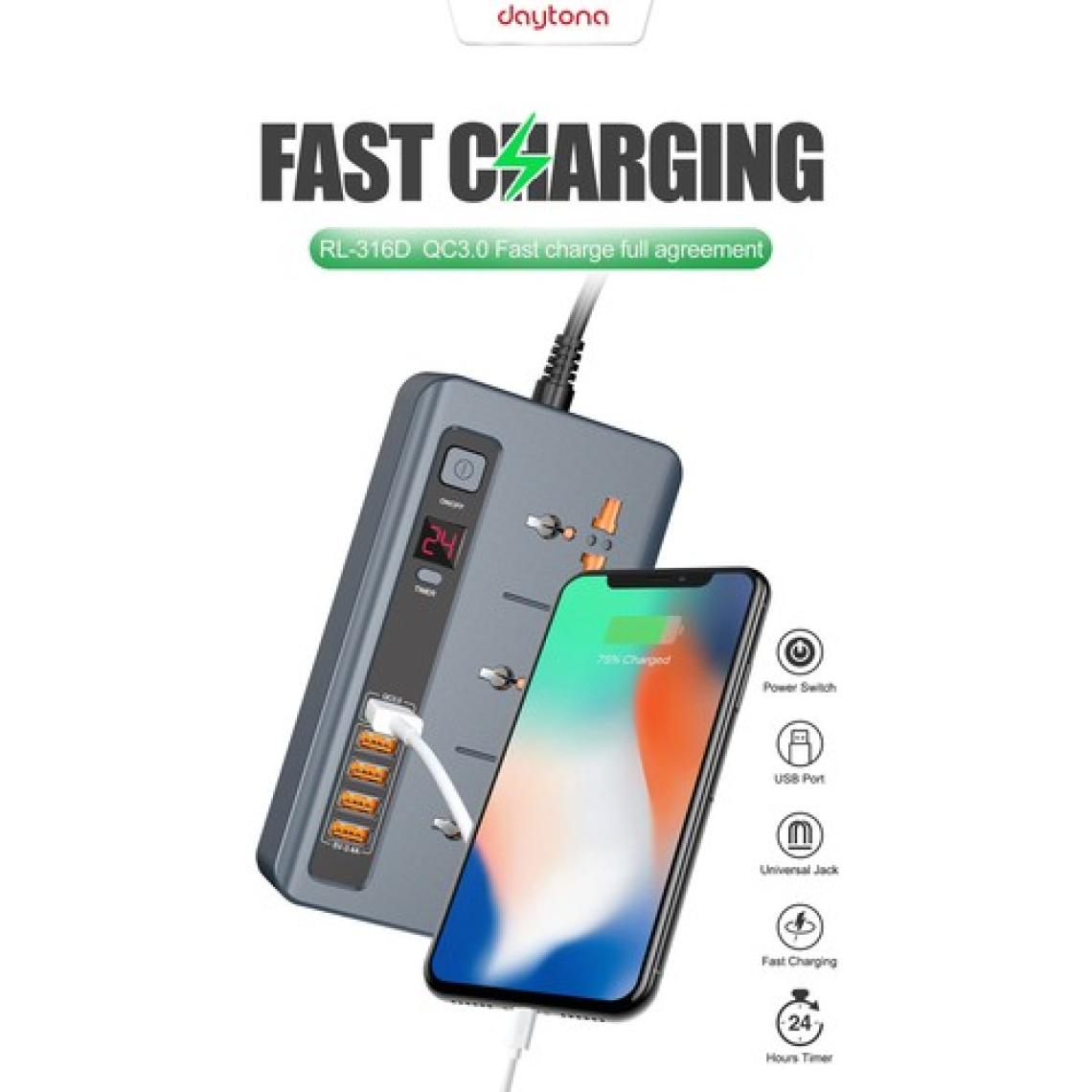 Daytona RL-316D Termal Akım ve Isınma Korumalı 5 USB 5V-3.4A Qc3.0 Girişli LED Ekran Saat Zamanlı Uzatma Kablolu Akıllı Priz