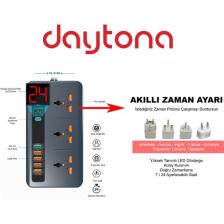 Daytona RL-316D Termal Akım ve Isınma Korumalı 5 USB 5V-3.4A Qc3.0 Girişli LED Ekran Saat Zamanlı Uzatma Kablolu Akıllı Priz