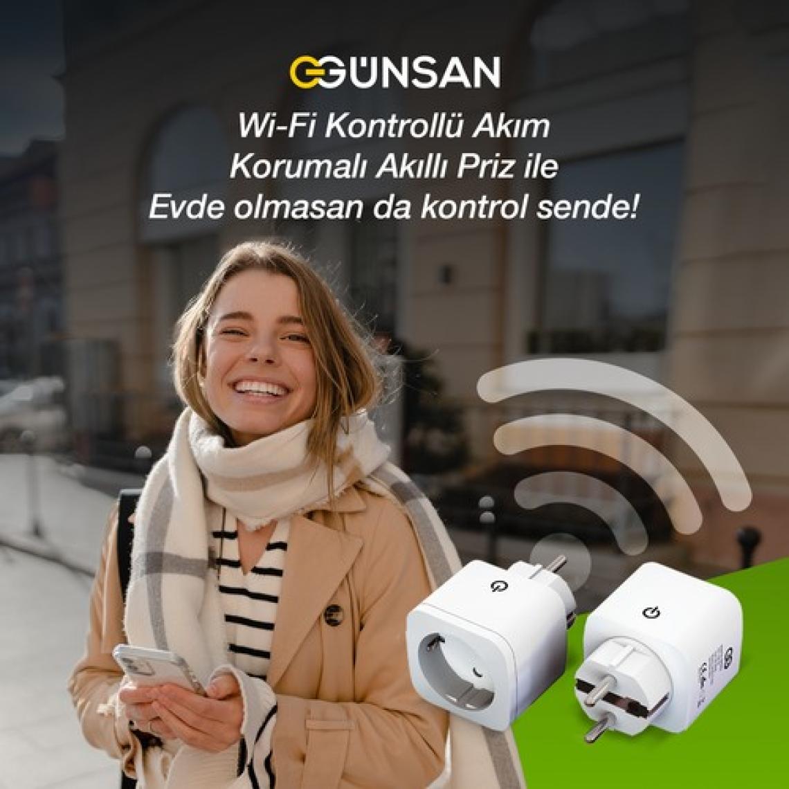 Günsan Wi-Fi Kontrollü Akım Korumalı Akıllı Priz 16A Tuya & Smart Life Destekli