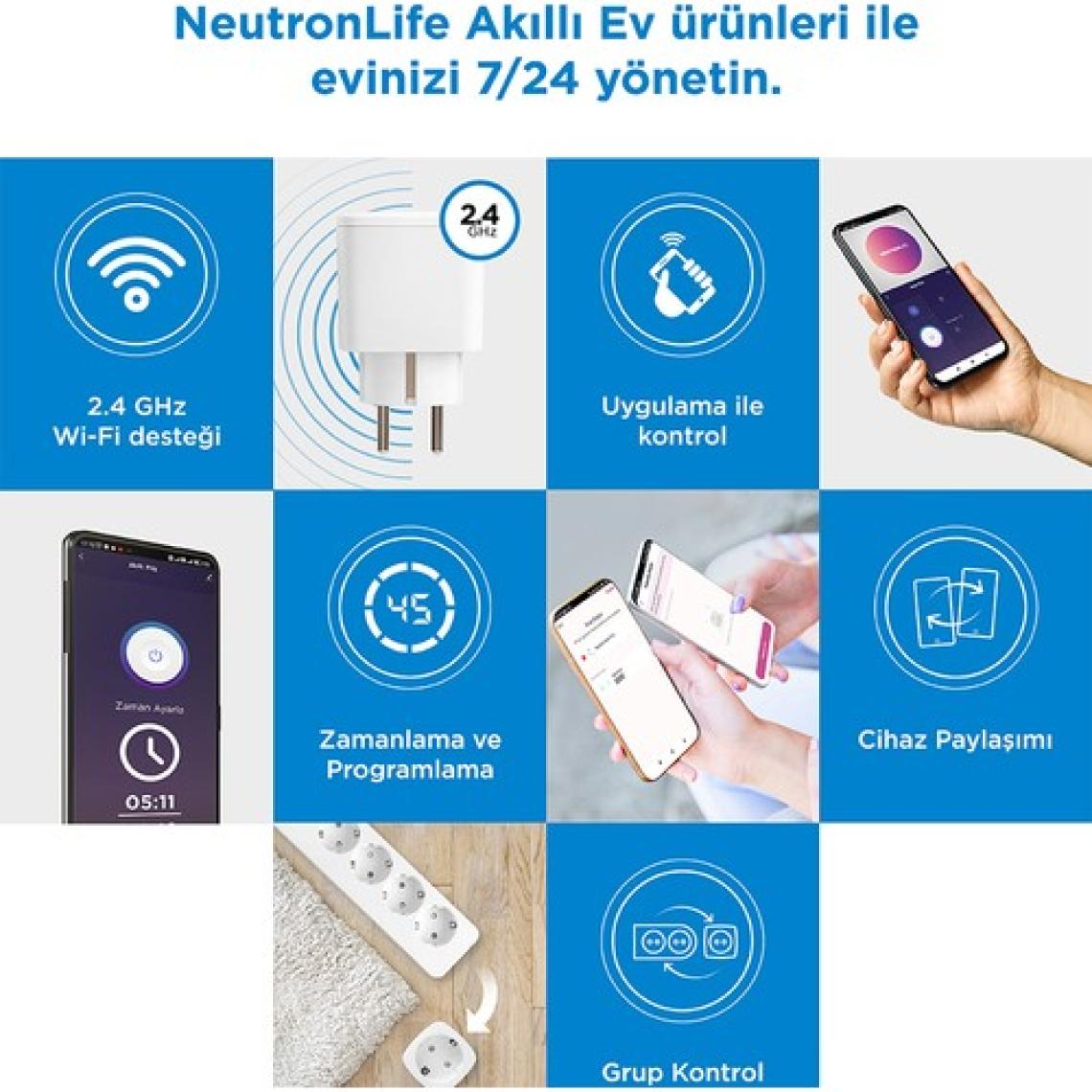 Neutron Akıllı Wi-Fi Destekli 16A Akım Korumalı Tekli Priz Uygulama Üzerinden Kontrol