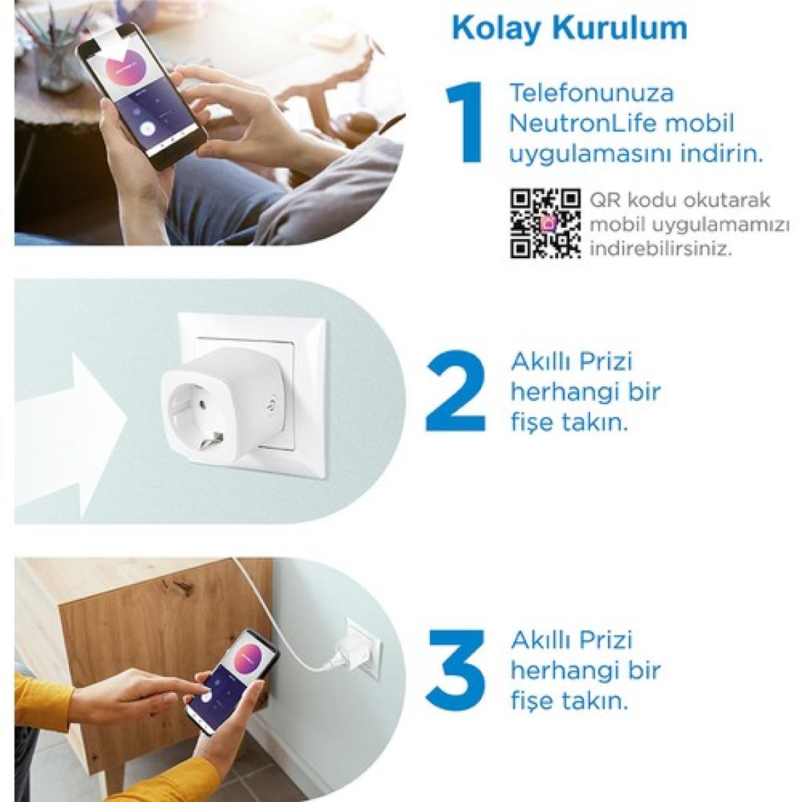 Neutron Akıllı Wi-Fi Destekli 16A Akım Korumalı Tekli Priz Uygulama Üzerinden Kontrol