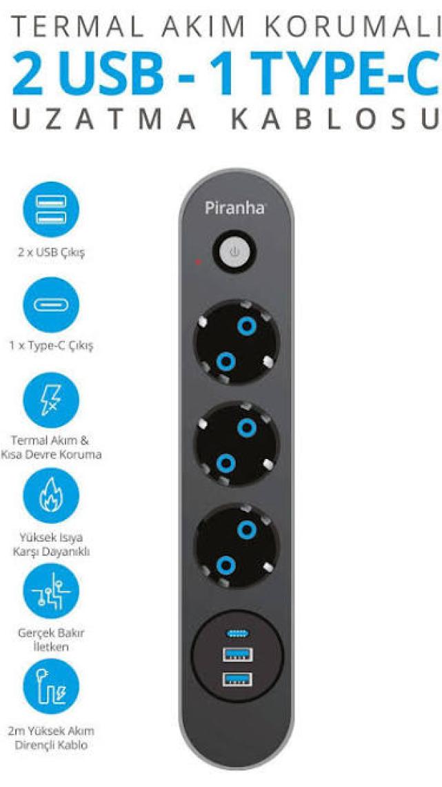 Azemax Piranha 45640 Akım Korumalı / 2 x USB - 1 x Type-C Girişli / 3'lü Priz