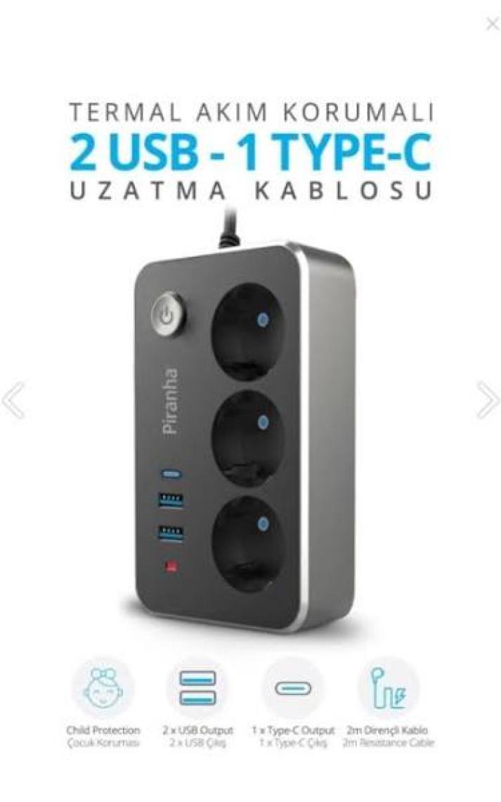 Azemax Piranha 45640 Akım Korumalı / 2 x USB - 1 x Type-C Girişli / 3'lü Priz