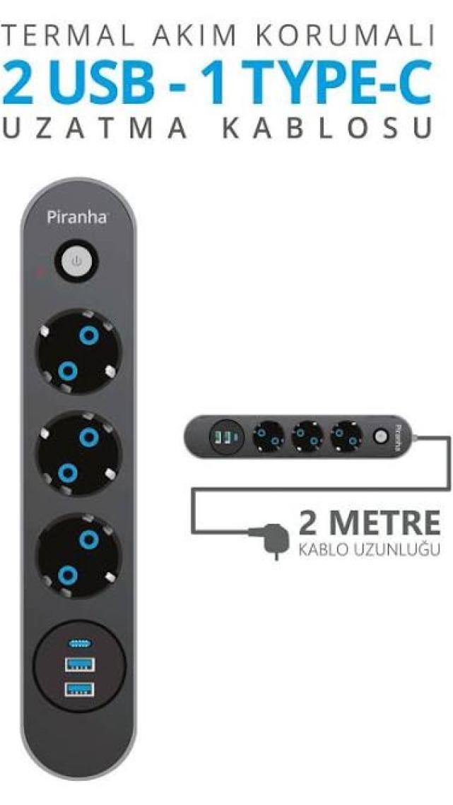 Azemax Piranha 45640 Akım Korumalı / 2 x USB - 1 x Type-C Girişli / 3'lü Priz