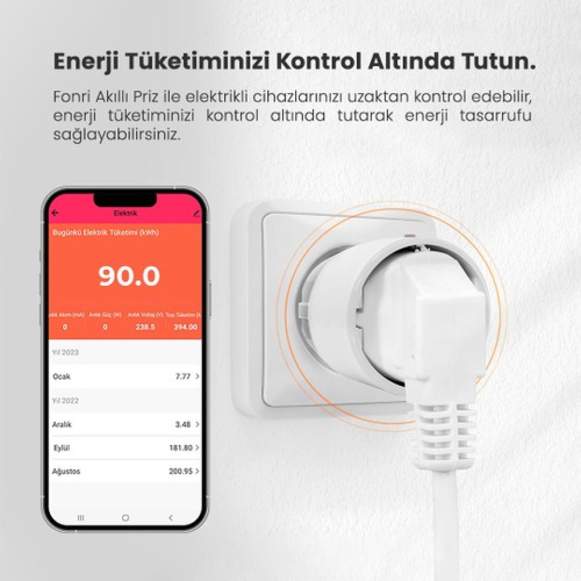 Fonri Akıllı Priz (16 Amper), Uzaktan Kontrol, Anlık Enerji Tüketim Takip, Zamanlayıcı, Wifi, 2 Yıl Garantili, Tuya Destekli