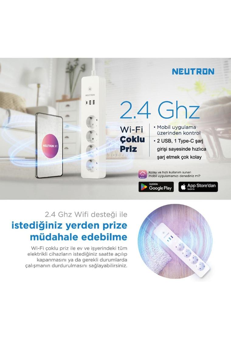 Akıllı Wi-fi Destekli 16a 4'lü Çocuk Kilitli Akım Korumalı Çoklu Priz - Uygulama Üzerinden Kontrol