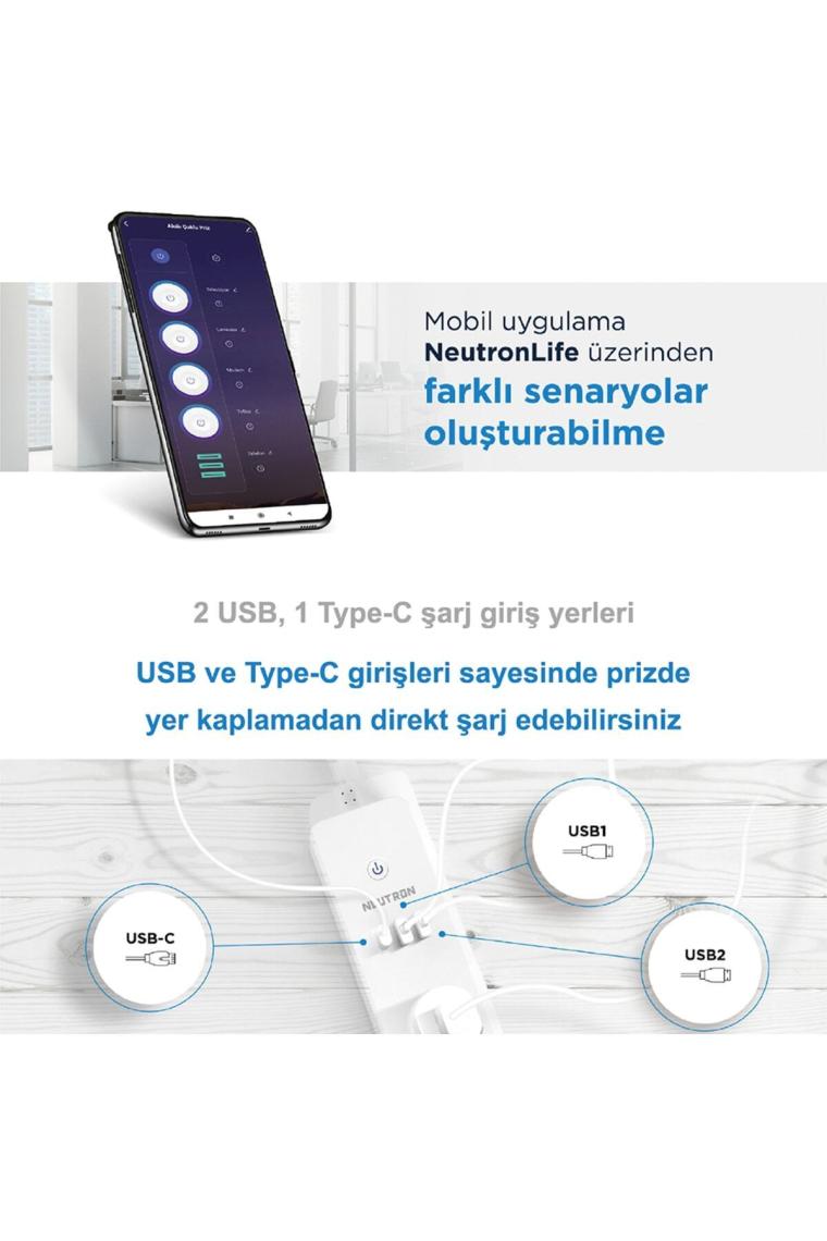 Akıllı Wi-fi Destekli 16a 4'lü Çocuk Kilitli Akım Korumalı Çoklu Priz - Uygulama Üzerinden Kontrol