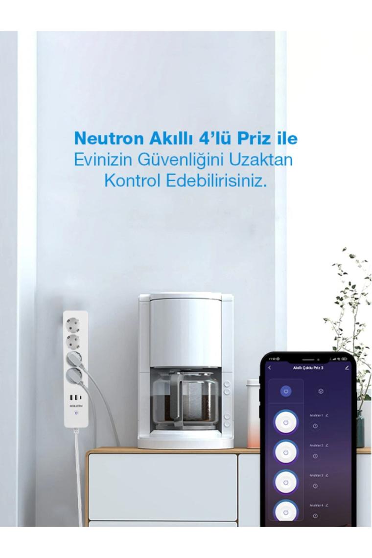 Akıllı Wi-fi Destekli 16a 4'lü Çocuk Kilitli Akım Korumalı Çoklu Priz - Uygulama Üzerinden Kontrol