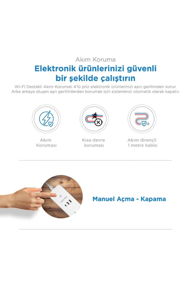 Akıllı Wi-fi Destekli 16a 4'lü Çocuk Kilitli Akım Korumalı Çoklu Priz - Uygulama Üzerinden Kontrol