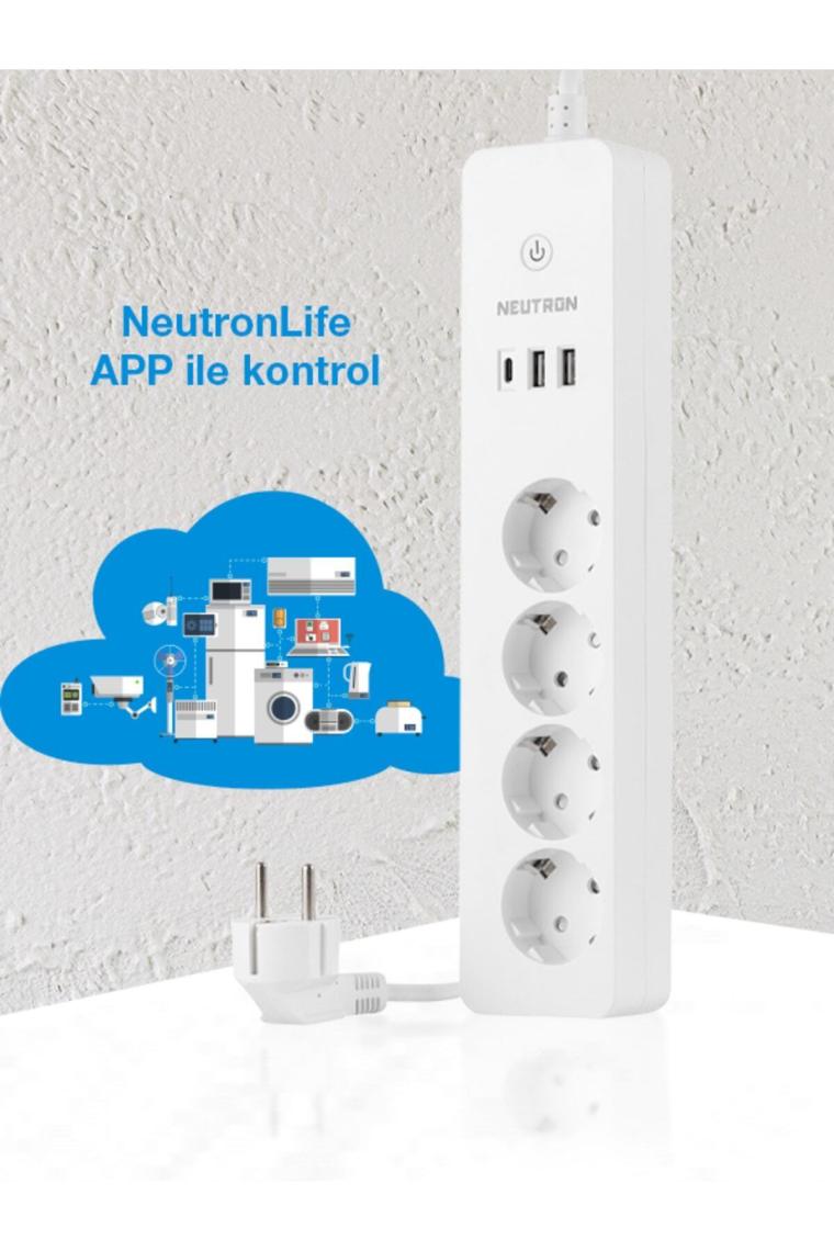 Akıllı Wi-fi Destekli 16a 4'lü Çocuk Kilitli Akım Korumalı Çoklu Priz - Uygulama Üzerinden Kontrol
