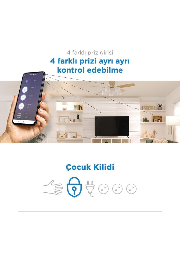 Akıllı Wi-fi Destekli 16a 4'lü Çocuk Kilitli Akım Korumalı Çoklu Priz - Uygulama Üzerinden Kontrol