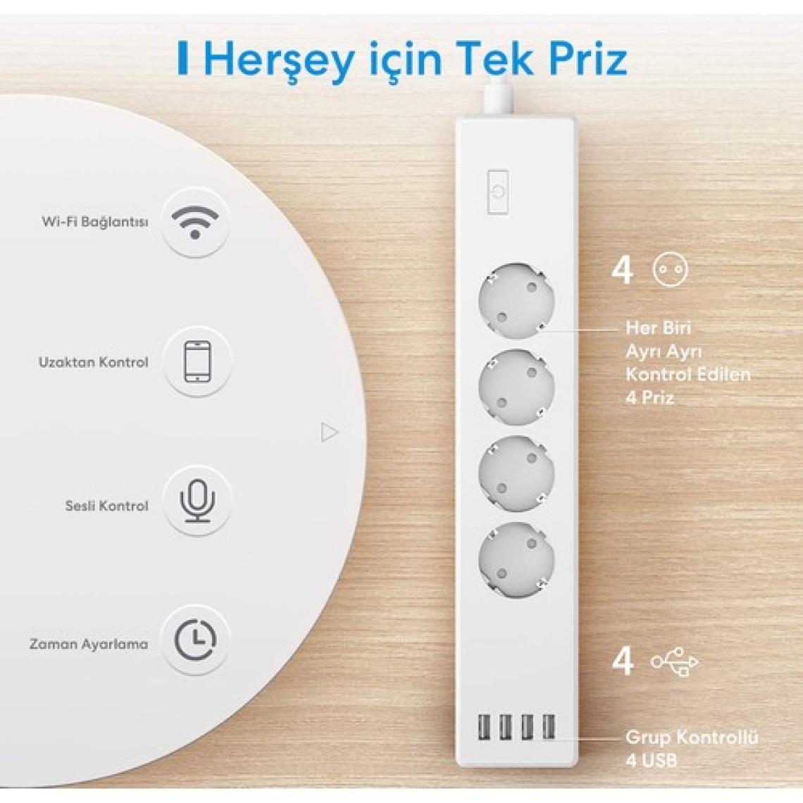 Meross Wi-Fi Uzaktan Kontrollü Akım Korumalı 4 USB Girişli Akıllı 4lü Priz