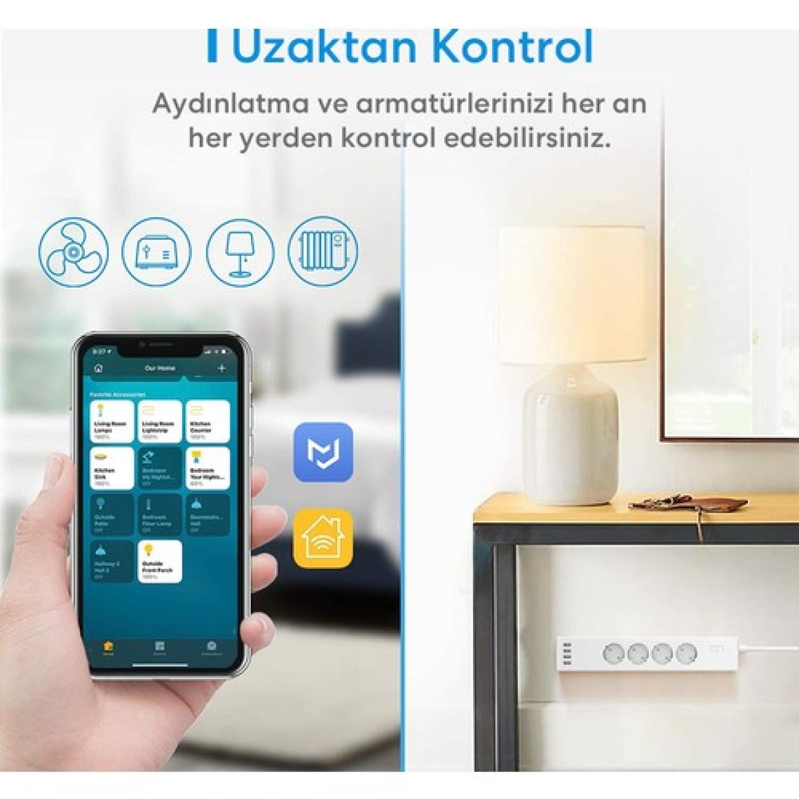 Meross Wi-Fi Uzaktan Kontrollü Akım Korumalı 4 USB Girişli Akıllı 4lü Priz