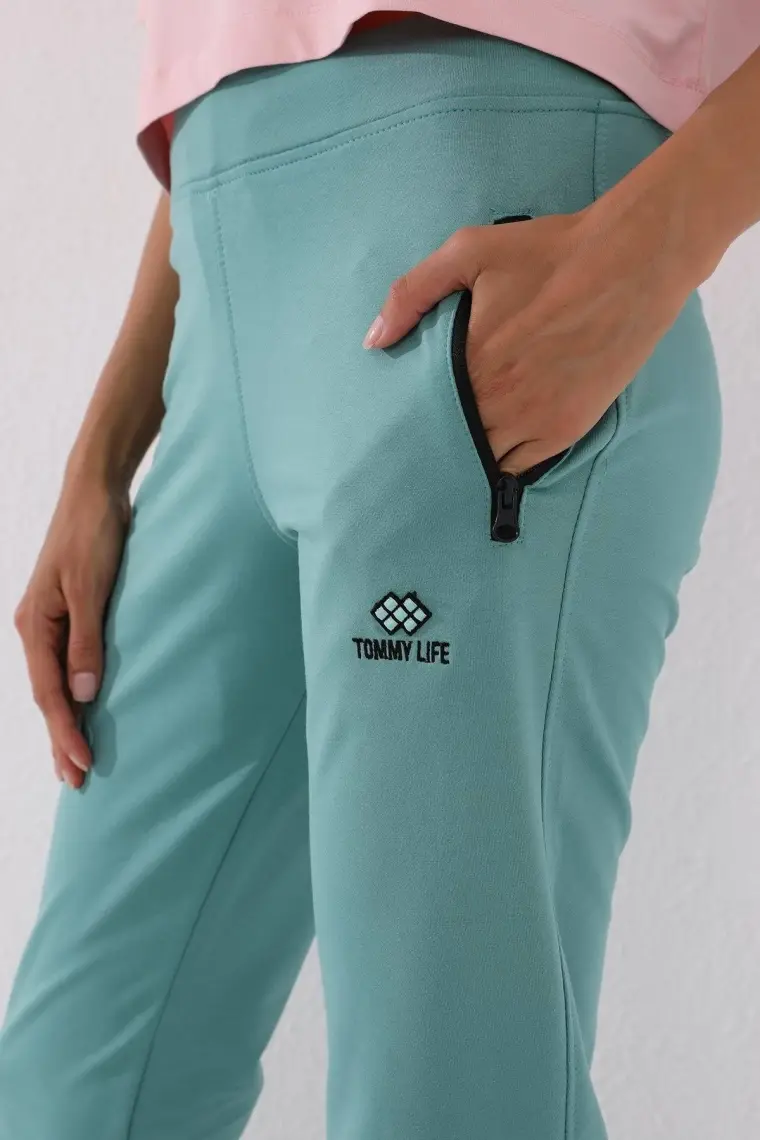 Tommy Life İndigo Fermuar Cepli Rahat Form Klasik Paça Kadın Eşofman Alt - 94195