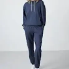 Tommy Life Petrol Kapüşonlu Kanguru Cep Oversize Lastik Paça Kadın Eşofman Takımı - 95288