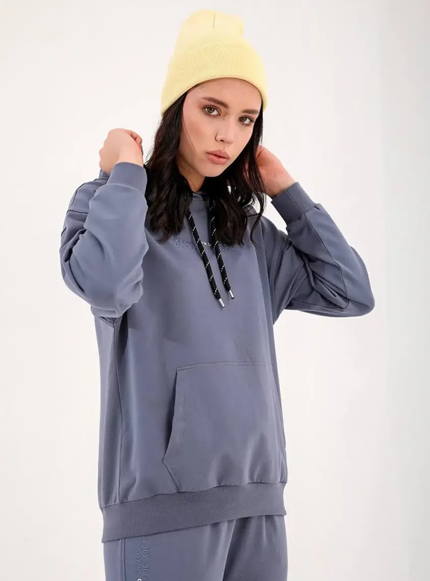 Tommy Life Petrol Kapüşonlu Kanguru Cep Oversize Lastik Paça Kadın Eşofman Takımı - 95288
