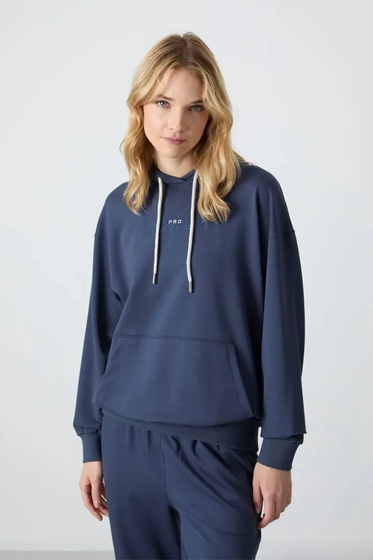 Tommy Life Petrol Kapüşonlu Kanguru Cep Oversize Lastik Paça Kadın Eşofman Takımı - 95288