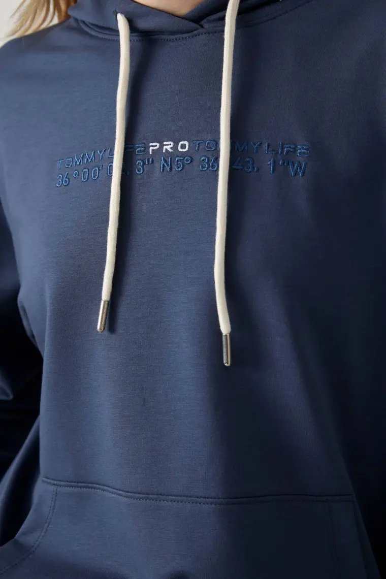 Tommy Life Petrol Kapüşonlu Kanguru Cep Oversize Lastik Paça Kadın Eşofman Takımı - 95288
