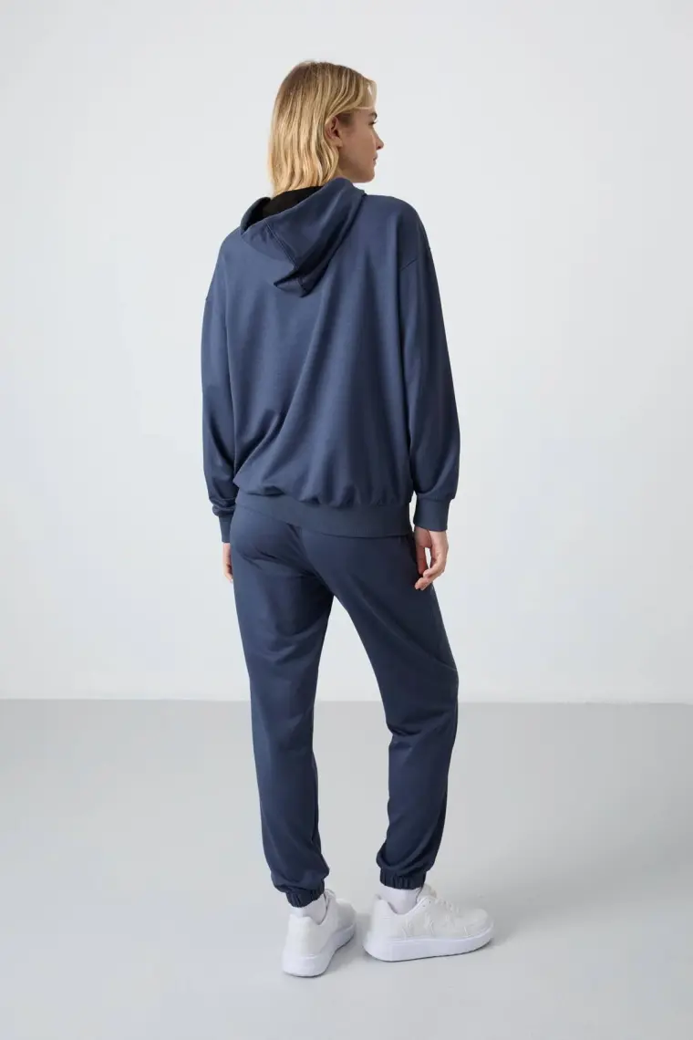 Tommy Life Petrol Kapüşonlu Kanguru Cep Oversize Lastik Paça Kadın Eşofman Takımı - 95288