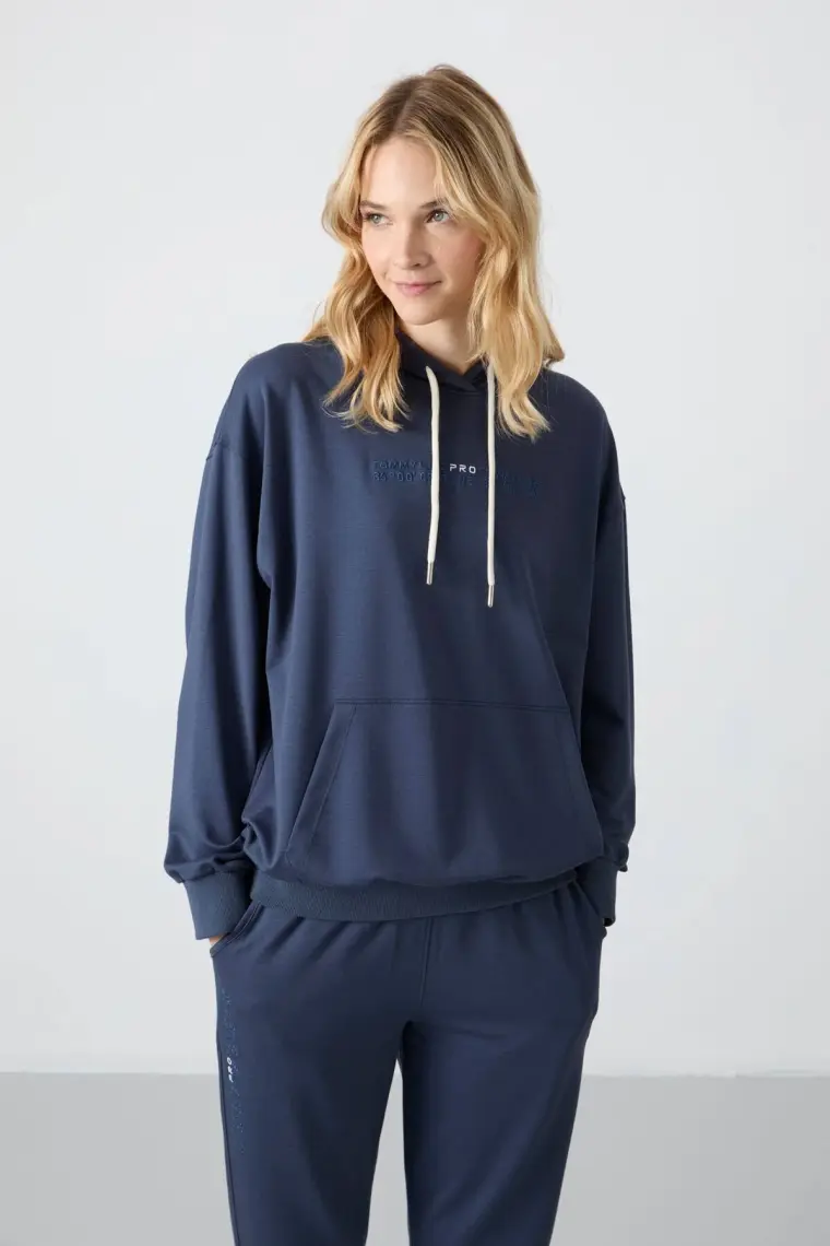 Tommy Life Petrol Kapüşonlu Kanguru Cep Oversize Lastik Paça Kadın Eşofman Takımı - 95288