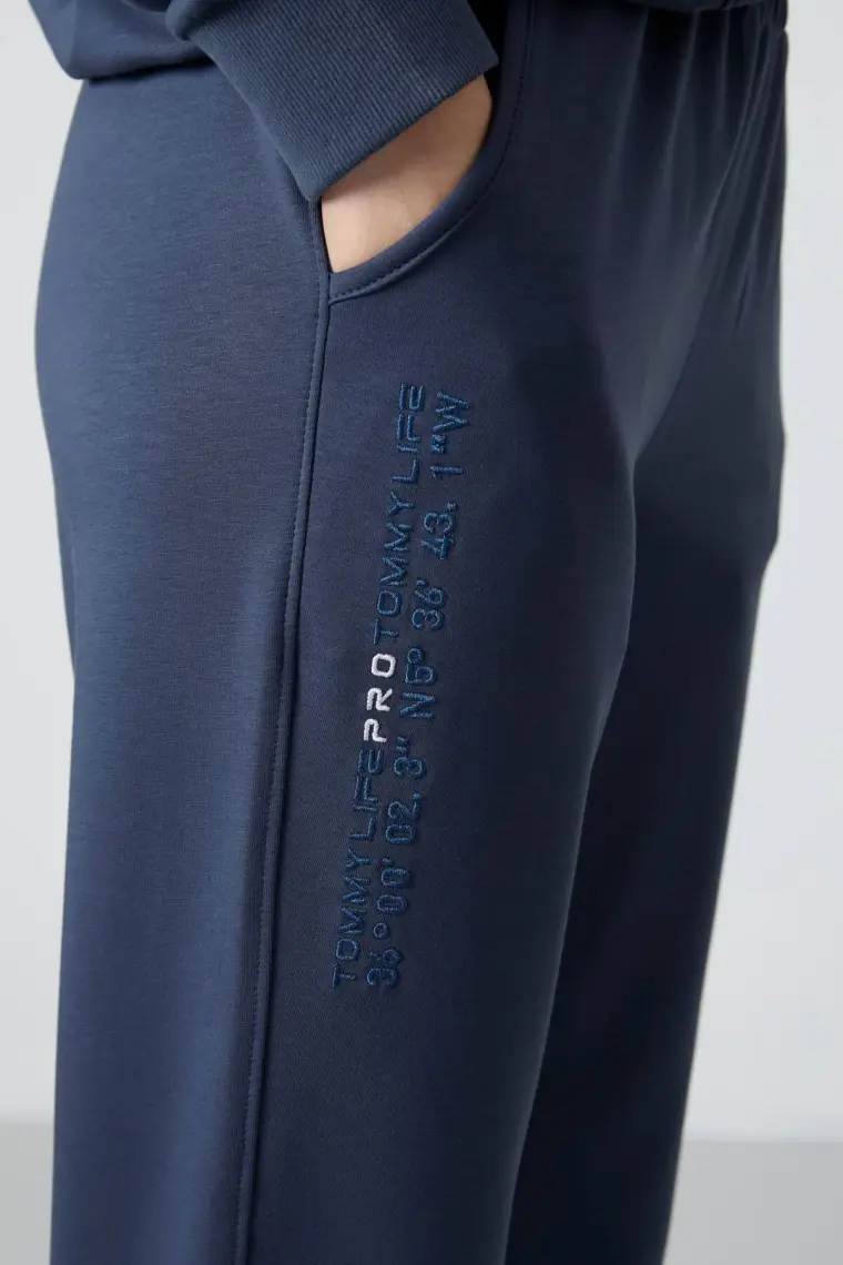 Tommy Life Petrol Kapüşonlu Kanguru Cep Oversize Lastik Paça Kadın Eşofman Takımı - 95288