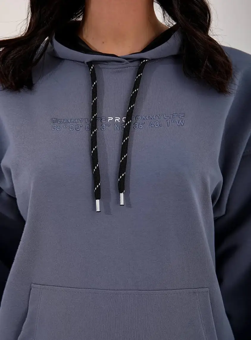 Tommy Life Petrol Kapüşonlu Kanguru Cep Oversize Lastik Paça Kadın Eşofman Takımı - 95288
