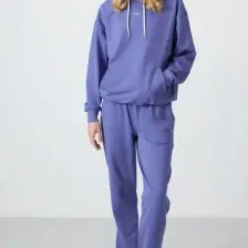 Tommy Life Eflatun Kapüşonlu Kanguru Cep Oversize Lastik Paça Kadın Eşofman Takımı - 95288