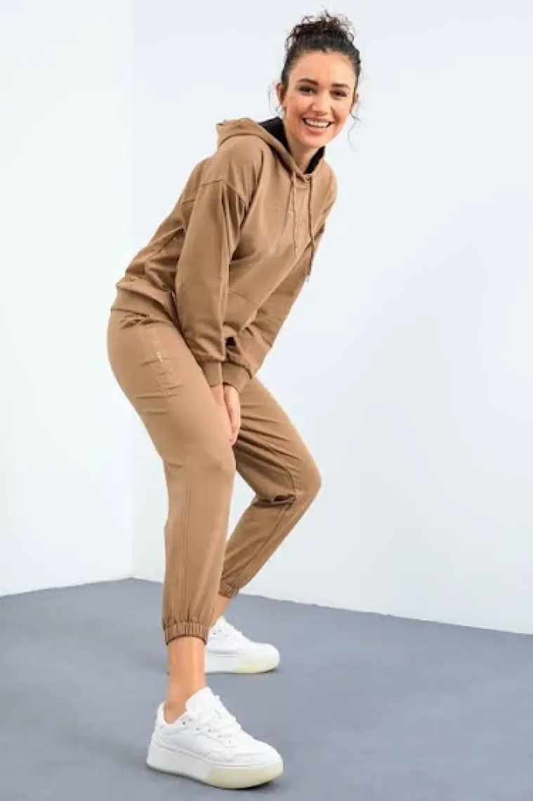Tommy Life Eflatun Kapüşonlu Kanguru Cep Oversize Lastik Paça Kadın Eşofman Takımı - 95288