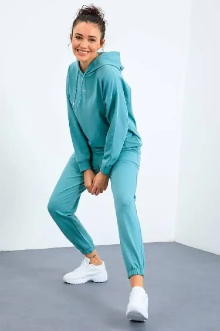 Tommy Life Eflatun Kapüşonlu Kanguru Cep Oversize Lastik Paça Kadın Eşofman Takımı - 95288