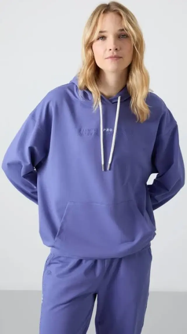Tommy Life Eflatun Kapüşonlu Kanguru Cep Oversize Lastik Paça Kadın Eşofman Takımı - 95288