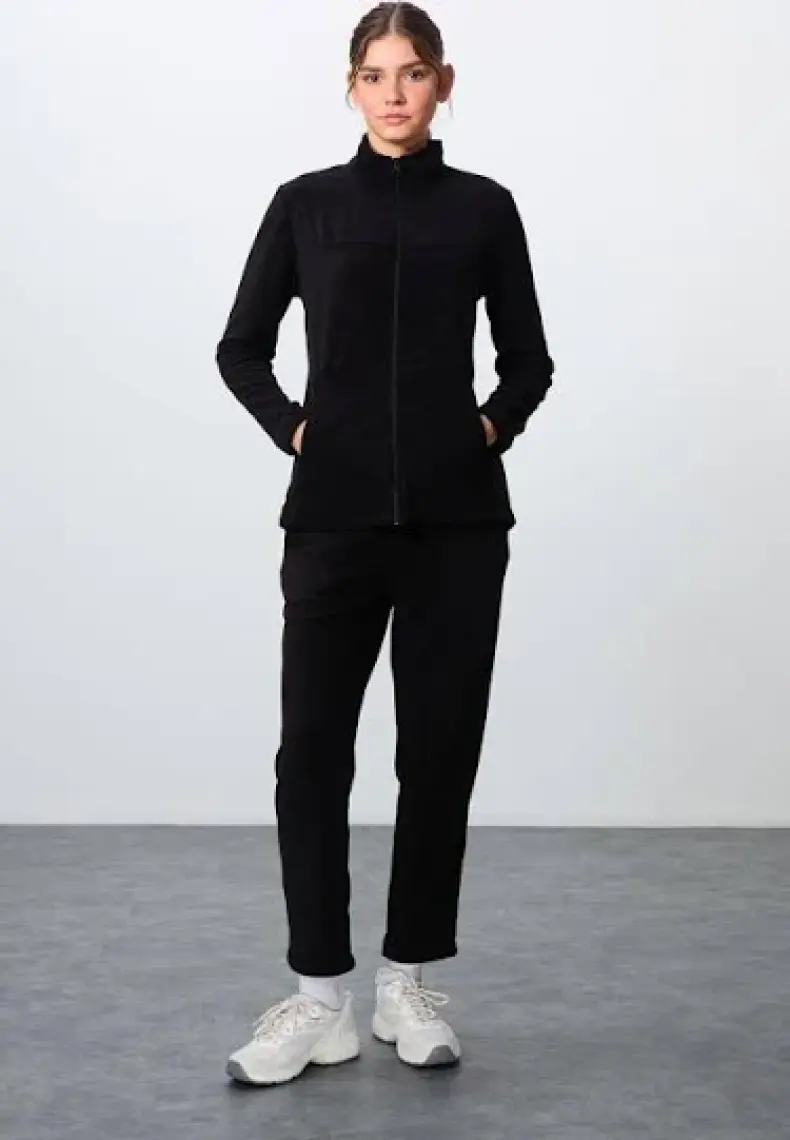 Tommy Life Siyah Kalın Yumuşak Dokulu Dik Yaka Oversize Nakışlı Polar Kadın Eşofman Takım -95339