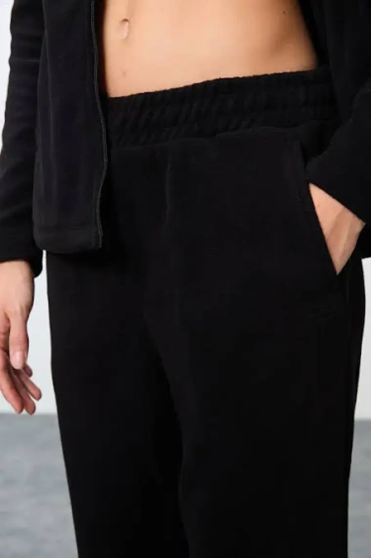 Tommy Life Siyah Kalın Yumuşak Dokulu Dik Yaka Oversize Nakışlı Polar Kadın Eşofman Takım -95339