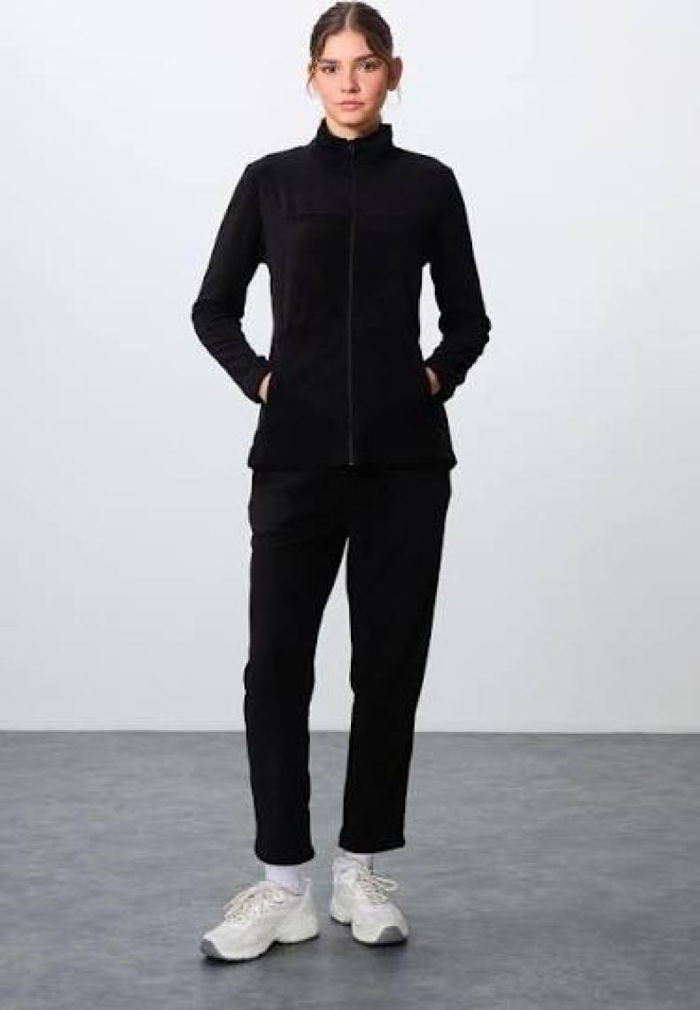Tommy Life Siyah Kalın Yumuşak Dokulu Dik Yaka Oversize Nakışlı Polar Kadın Eşofman Takım -95339